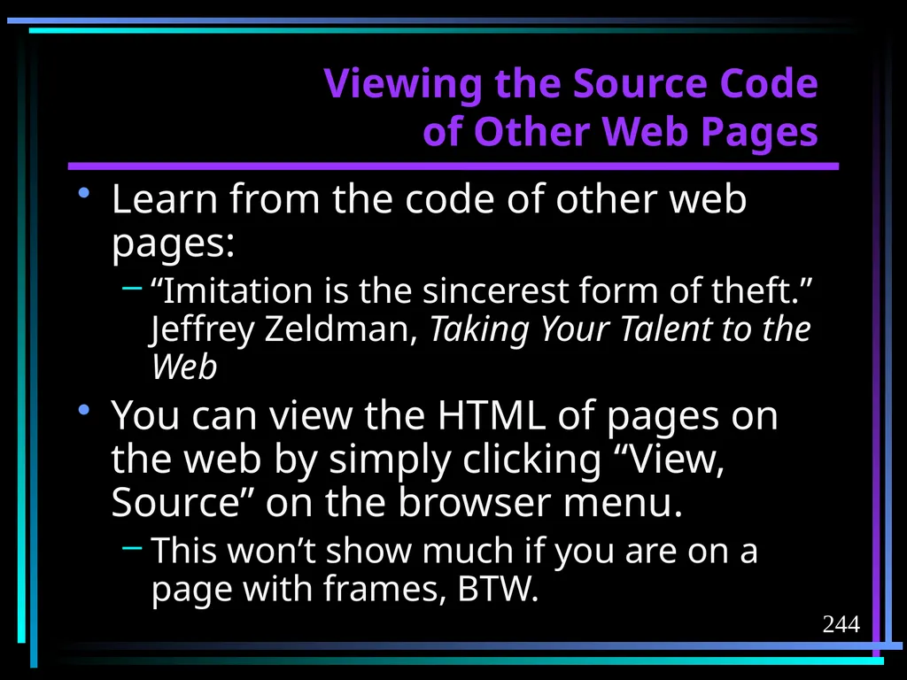 HTML 2 HTML Hypertext Markup Language (HTML) a - slide 244 of 262