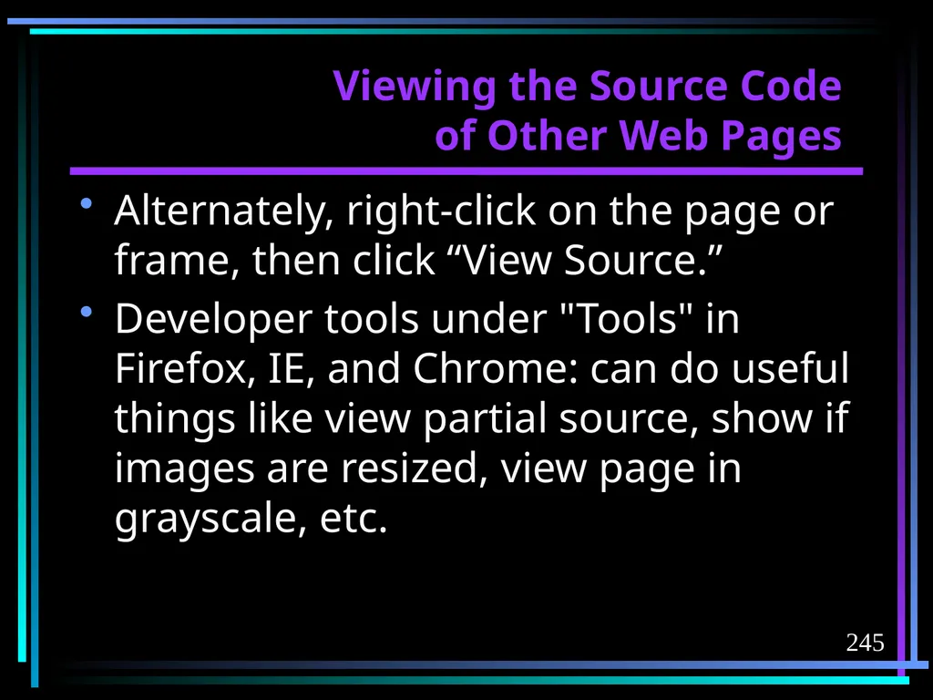 HTML 2 HTML Hypertext Markup Language (HTML) a - slide 245 of 262