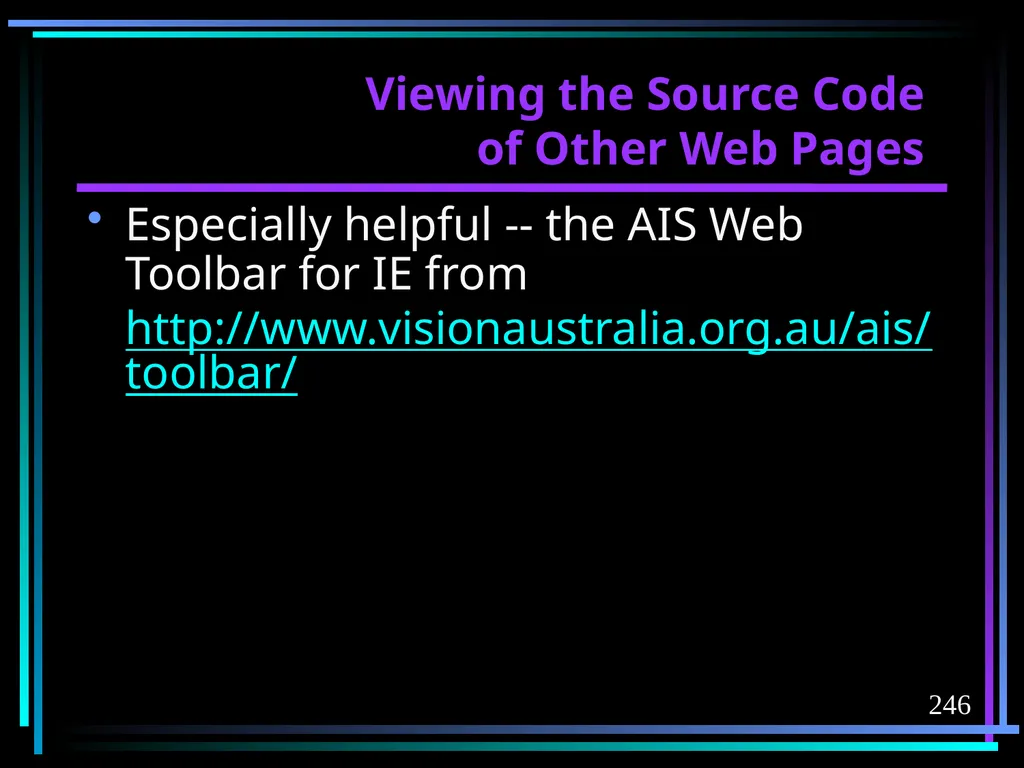 HTML 2 HTML Hypertext Markup Language (HTML) a - slide 246 of 262