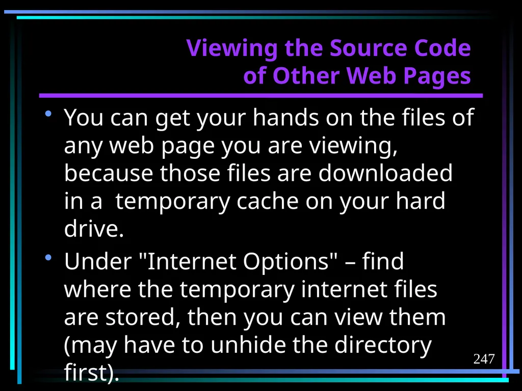 HTML 2 HTML Hypertext Markup Language (HTML) a - slide 247 of 262