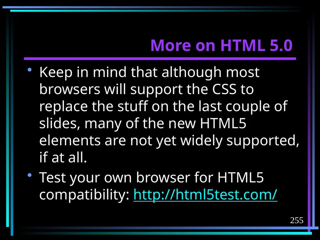 HTML 2 HTML Hypertext Markup Language (HTML) a - slide 255 of 262