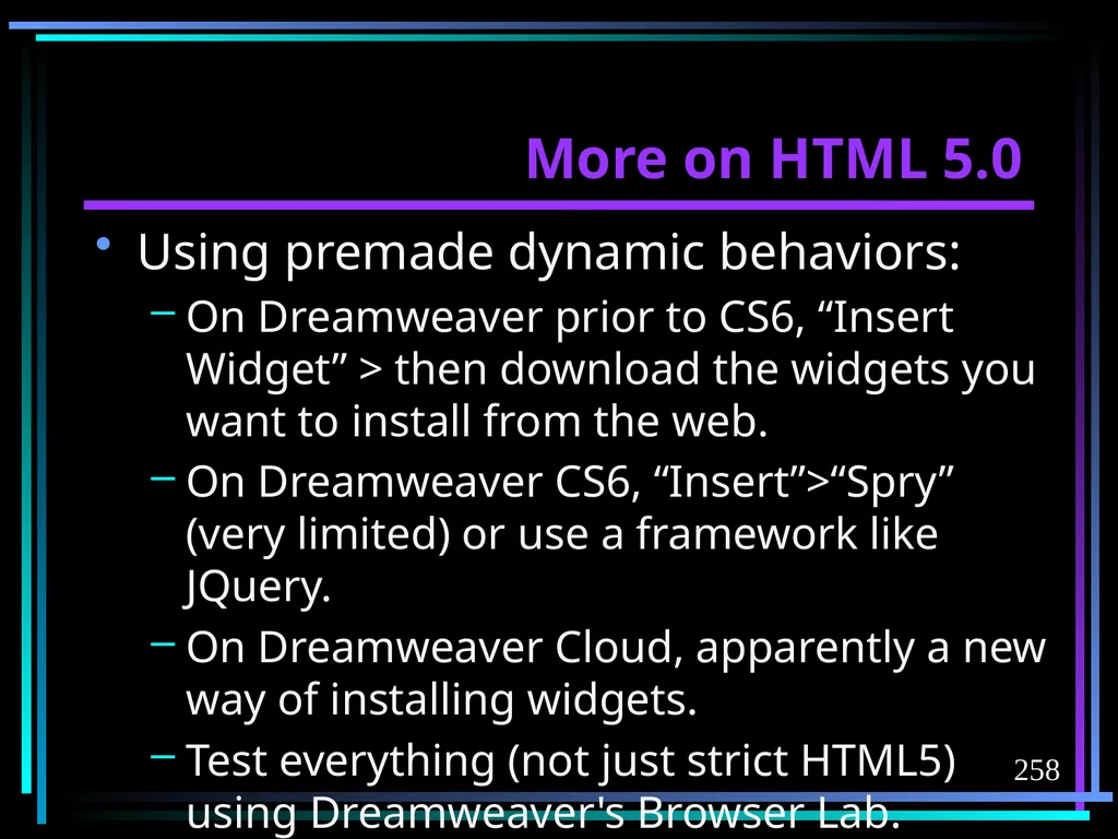 HTML 2 HTML Hypertext Markup Language (HTML) a - slide 258 of 262