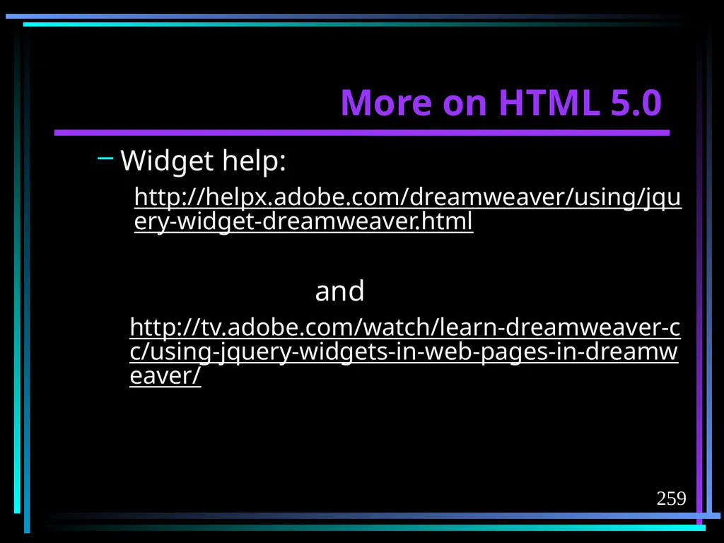 HTML 2 HTML Hypertext Markup Language (HTML) a - slide 259 of 262