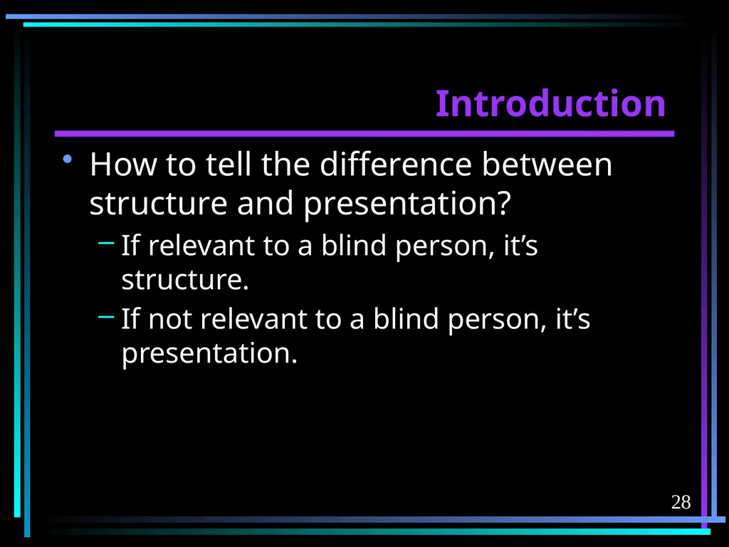 HTML 2 HTML Hypertext Markup Language (HTML) a - slide 28 of 262