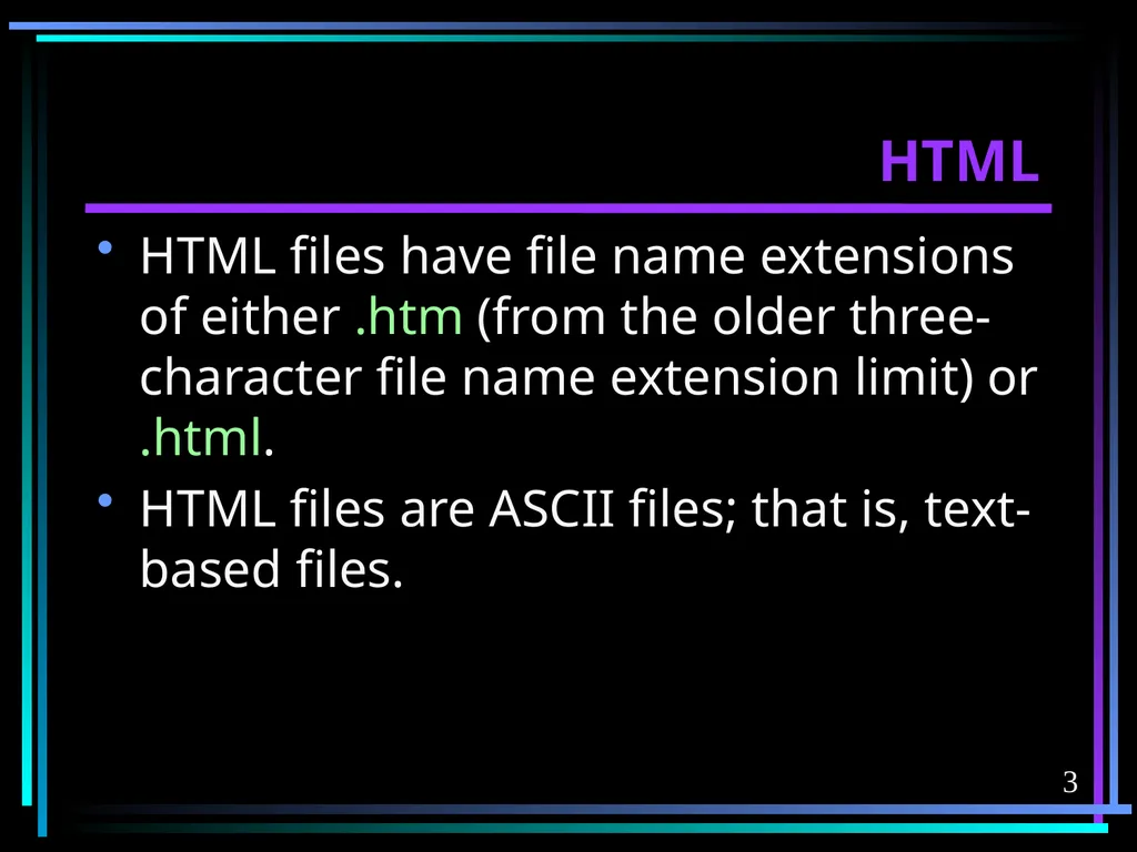 HTML 2 HTML Hypertext Markup Language (HTML) a - slide 3 of 262