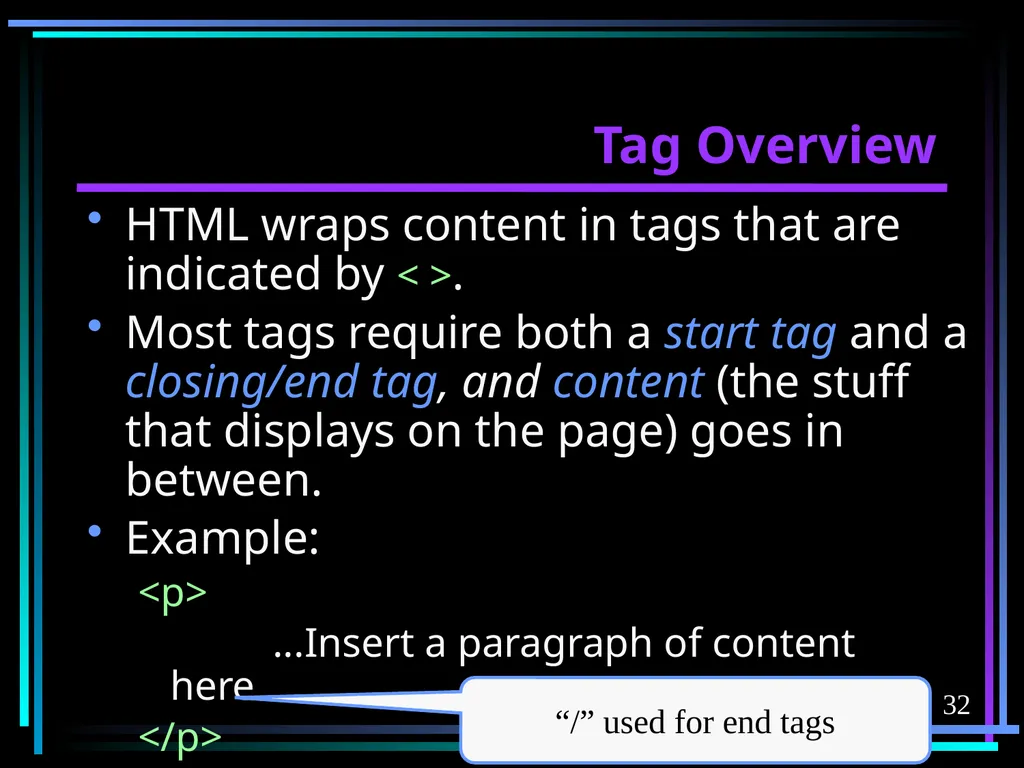 HTML 2 HTML Hypertext Markup Language (HTML) a - slide 32 of 262