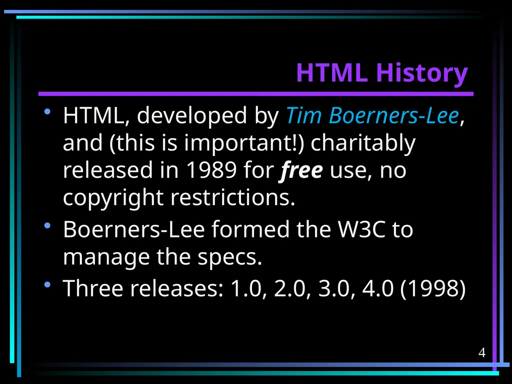 HTML 2 HTML Hypertext Markup Language (HTML) a - slide 4 of 262