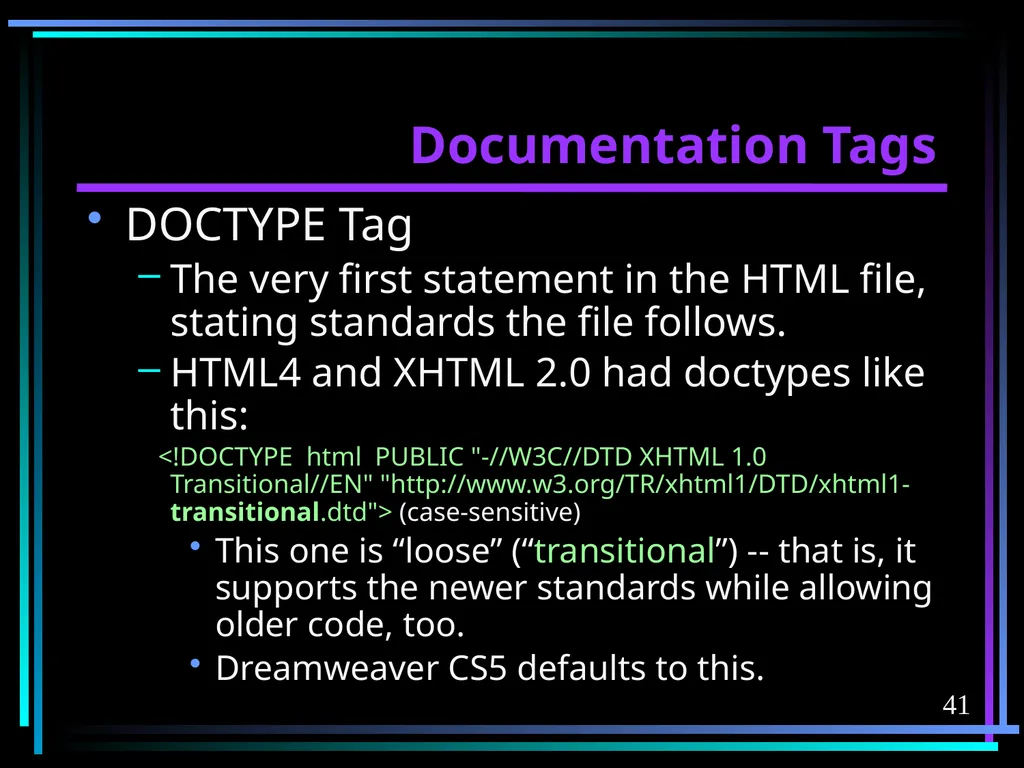 HTML 2 HTML Hypertext Markup Language (HTML) a - slide 41 of 262