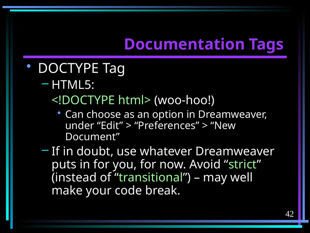 HTML 2 HTML Hypertext Markup Language (HTML) a - slide 42 of 262