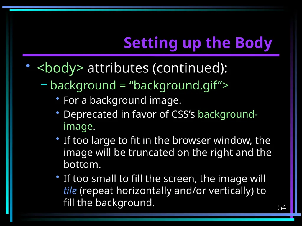 HTML 2 HTML Hypertext Markup Language (HTML) a - slide 54 of 262