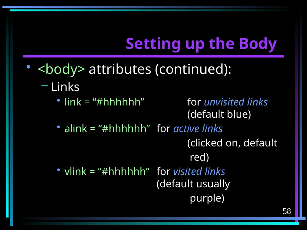 HTML 2 HTML Hypertext Markup Language (HTML) a - slide 58 of 262