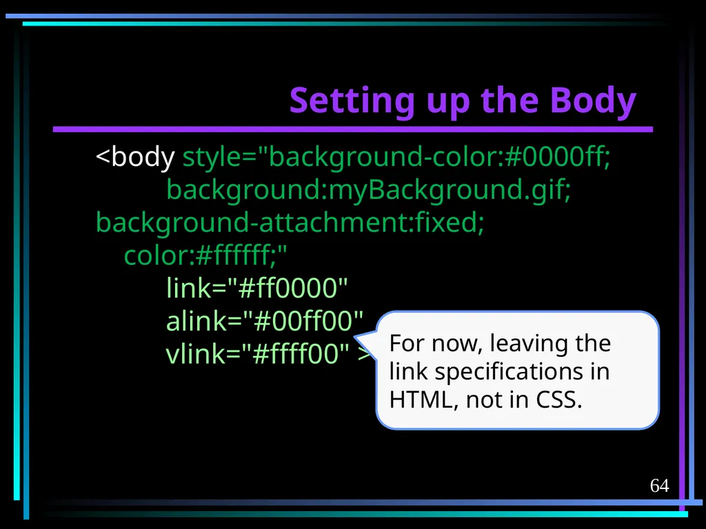 HTML 2 HTML Hypertext Markup Language (HTML) a - slide 64 of 262