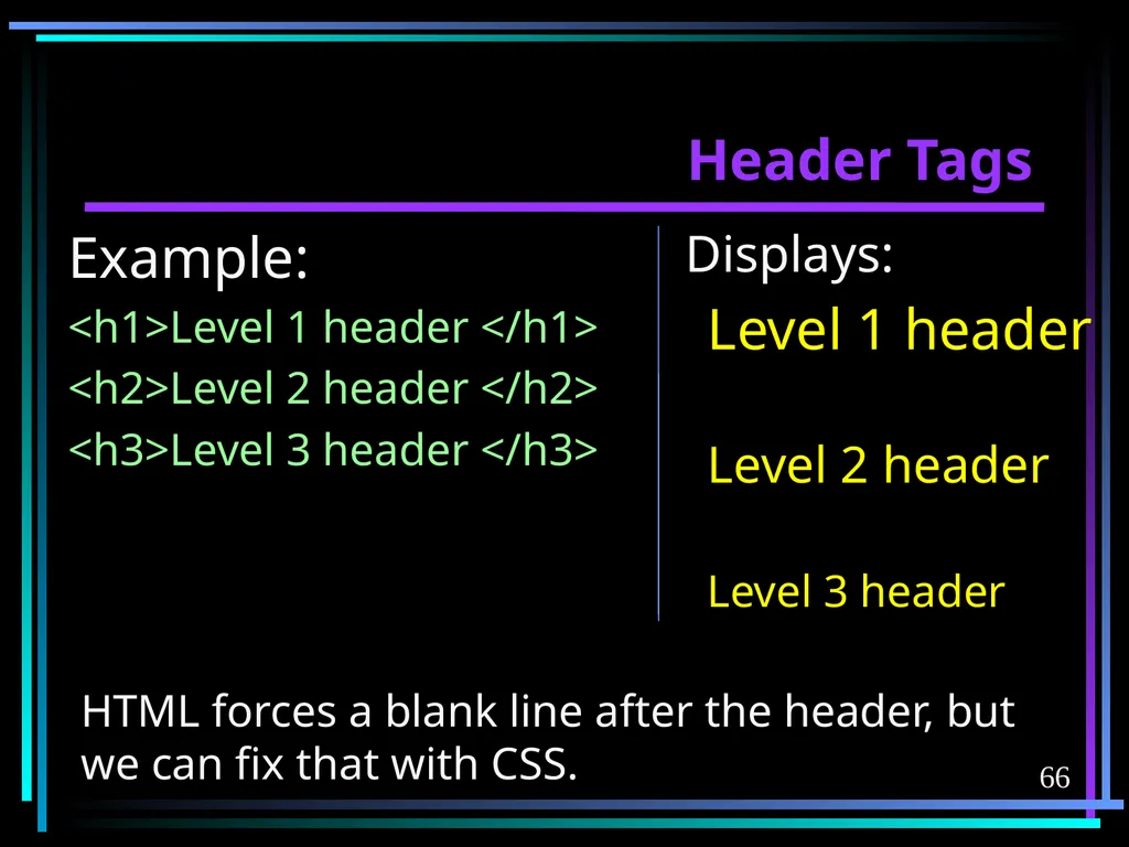 HTML 2 HTML Hypertext Markup Language (HTML) a - slide 66 of 262