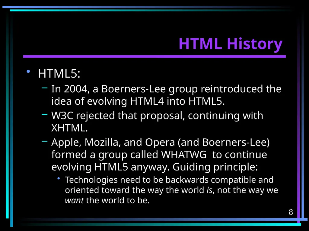 HTML 2 HTML Hypertext Markup Language (HTML) a - slide 8 of 262