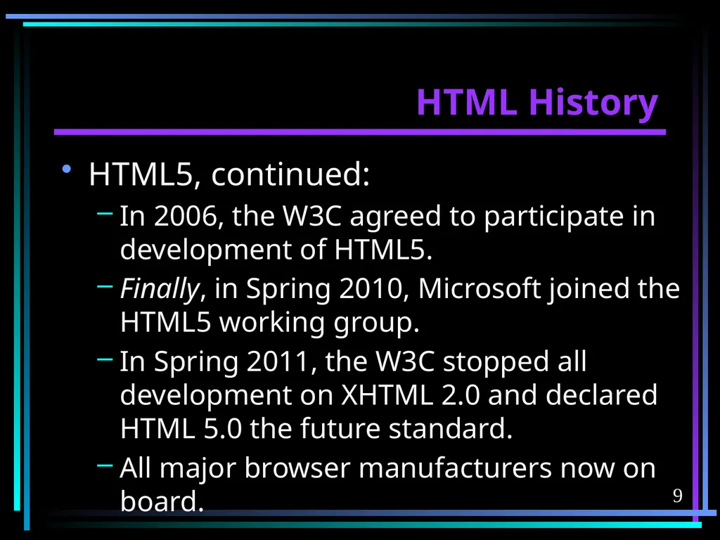 HTML 2 HTML Hypertext Markup Language (HTML) a - slide 9 of 262