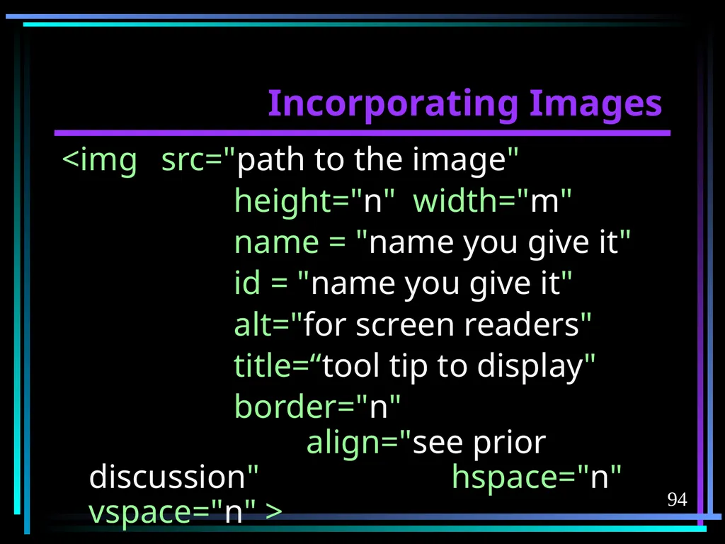HTML 2 HTML Hypertext Markup Language (HTML) a - slide 94 of 262
