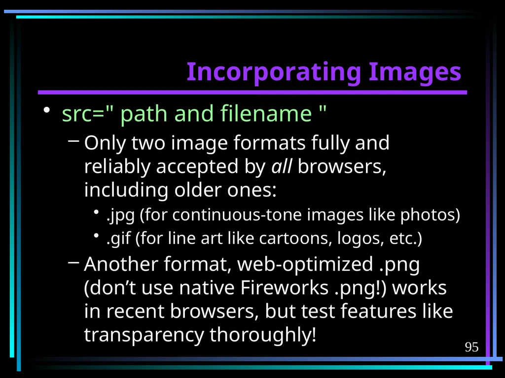 HTML 2 HTML Hypertext Markup Language (HTML) a - slide 95 of 262