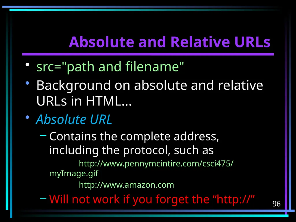 HTML 2 HTML Hypertext Markup Language (HTML) a - slide 96 of 262
