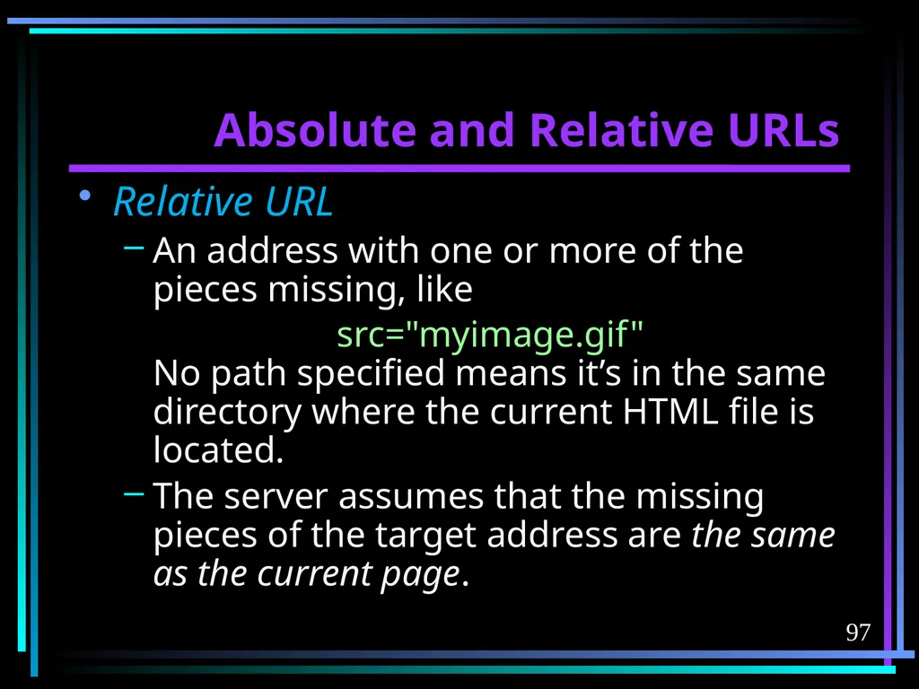 HTML 2 HTML Hypertext Markup Language (HTML) a - slide 97 of 262