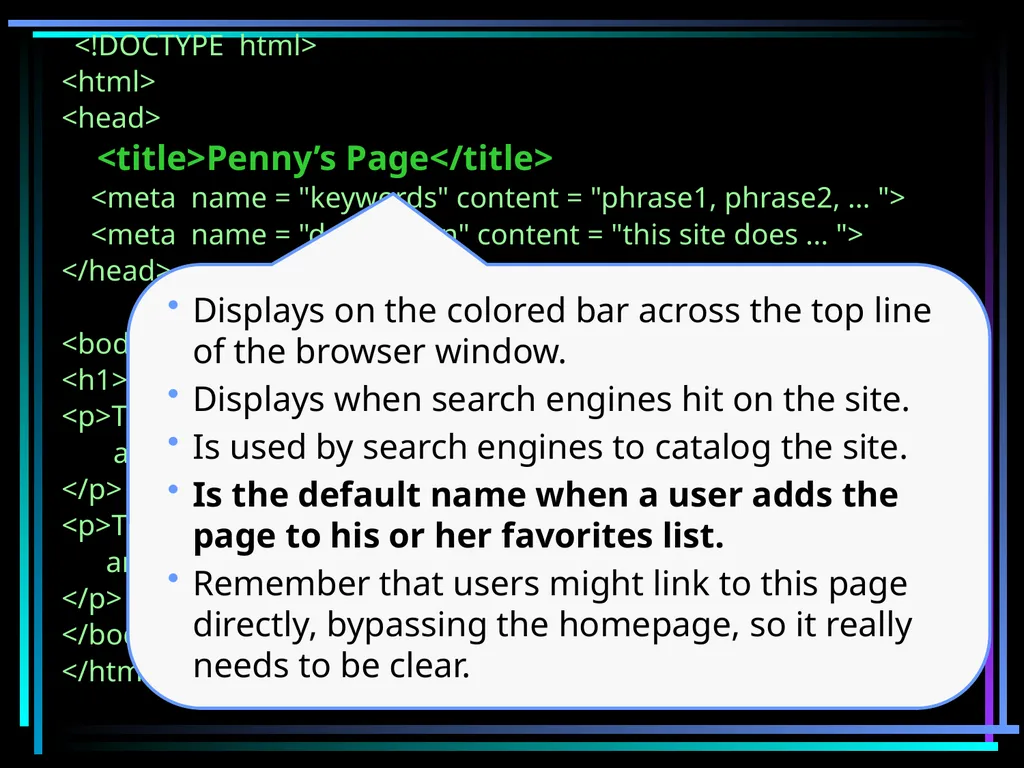 HTML 2 HTML Hypertext Markup Language (HTML) a - slide 50 of 262