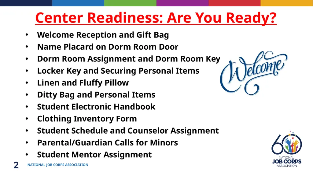 Job Corps Center Readiness Back to the Basics: - slide 2 of 33