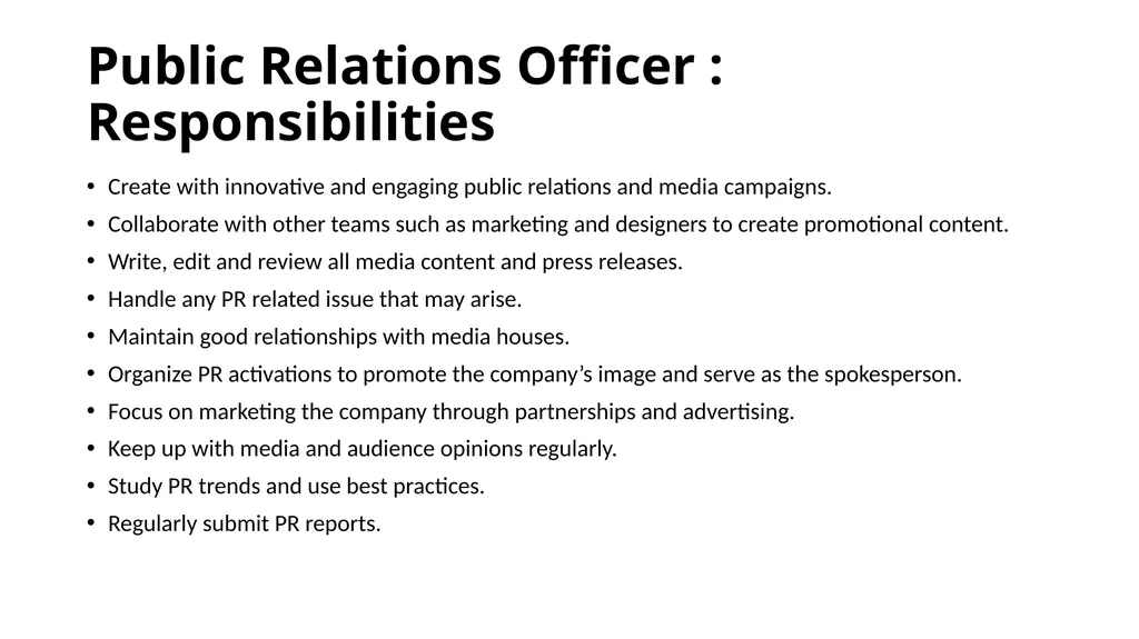 Public Relations Officer: Role and Duties - slide 5 of 7