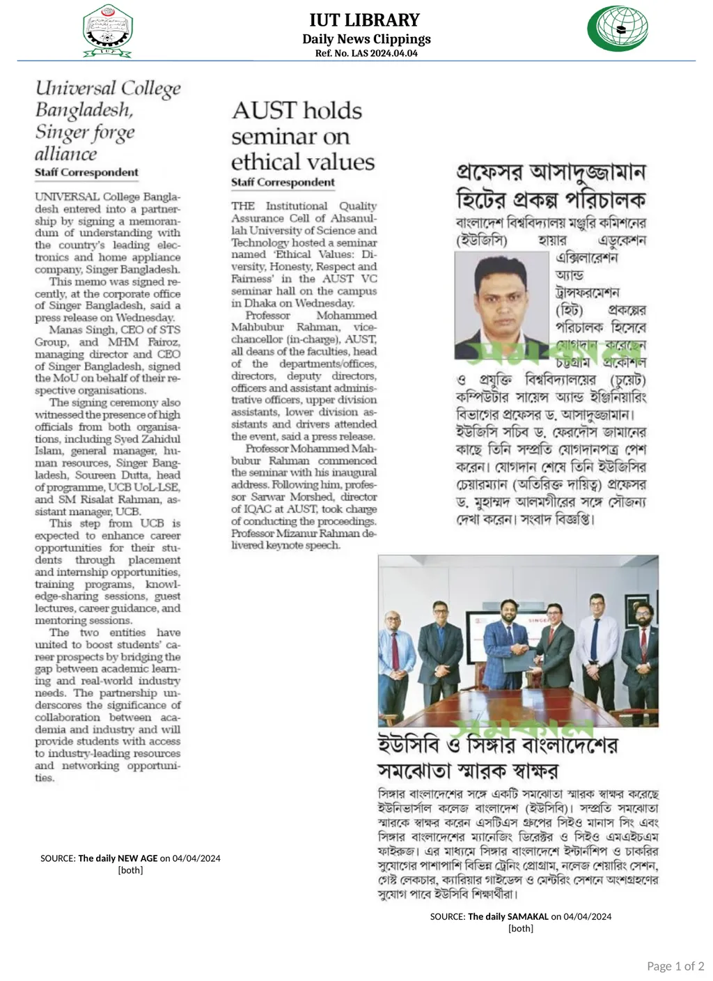 Page 1 of 2 IUT LIBRARY Daily News Clippings Ref.