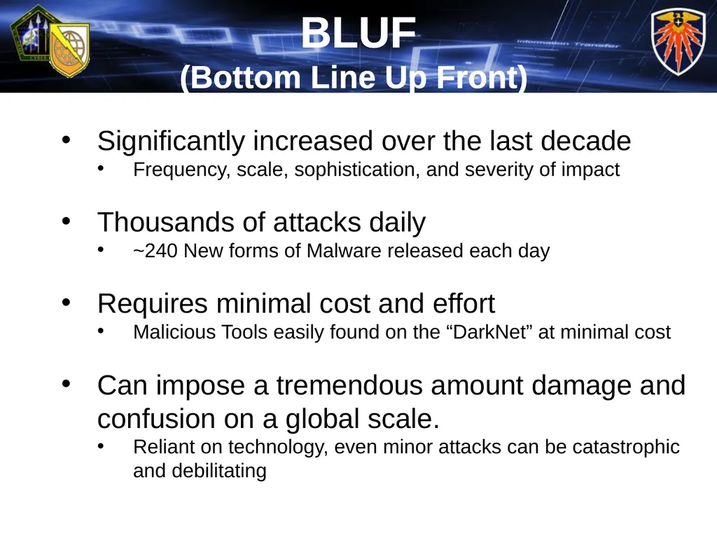 Cyber-Warfare: The Future is Now! Agenda BLUF - - slide 3 of 14