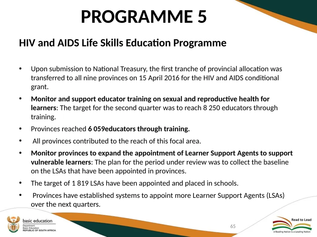 SECOND QUARTERLY REPORT ON THE PERFORMANCE OF THE - slide 65 of 89