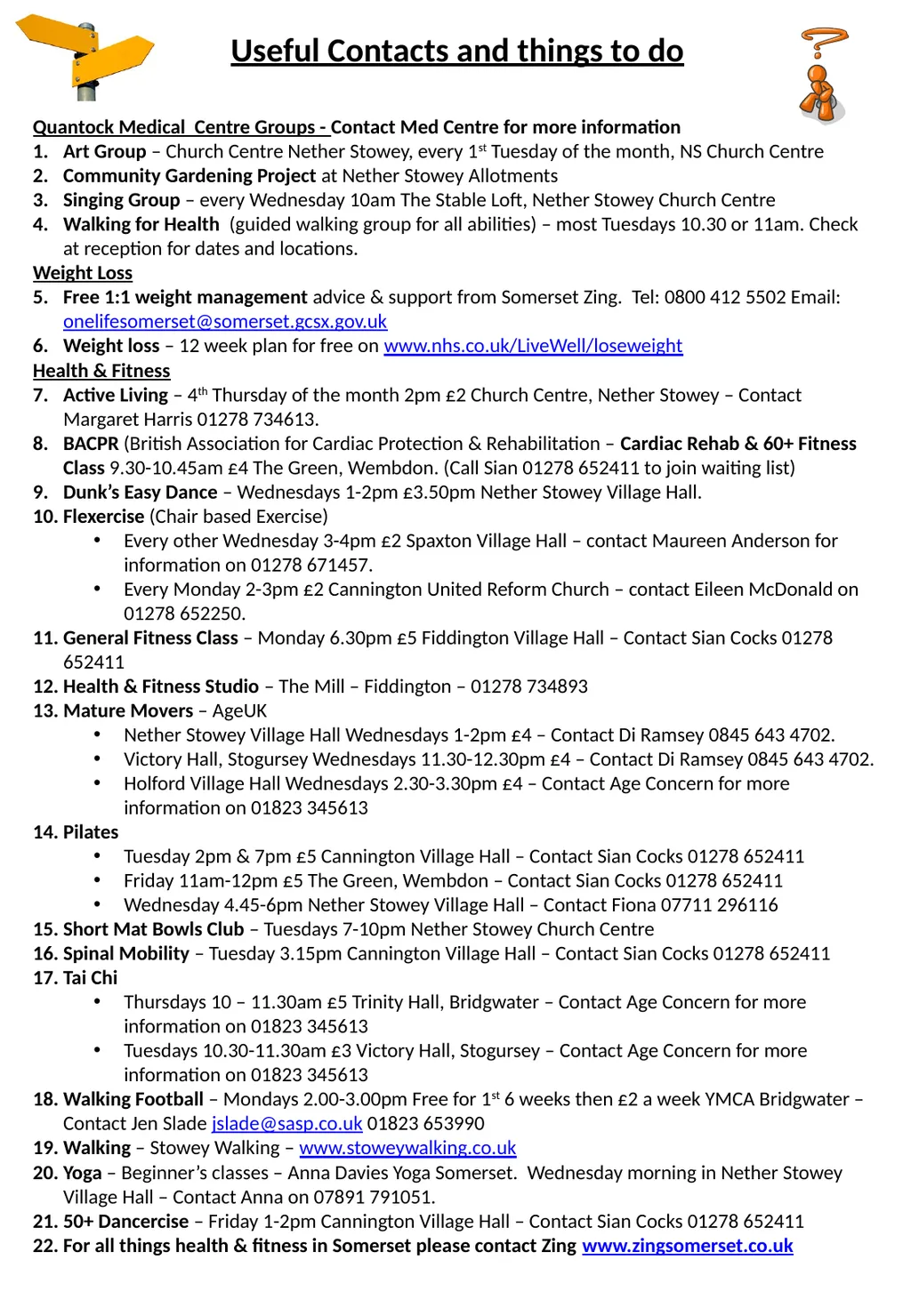 Useful Contacts and things to do Quantock Medical