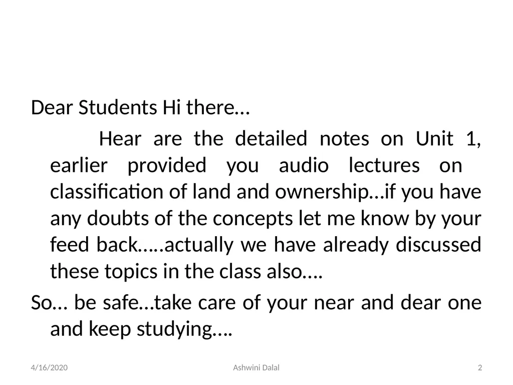 UNIT-I: Classification of lands — Ownership of - slide 2 of 58