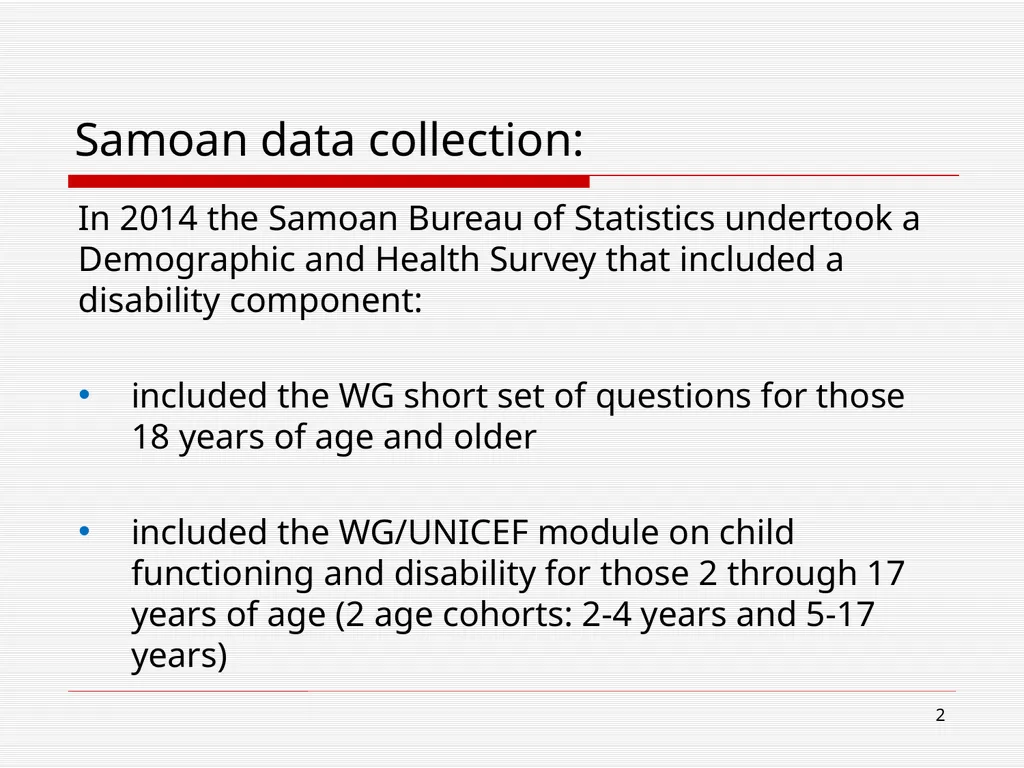 WG/UNICEF Child functioning module: Preliminary - slide 2 of 19