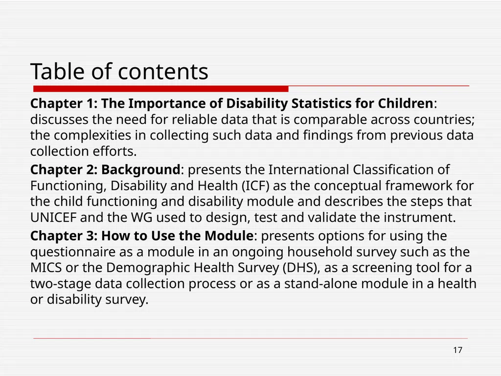 WG/UNICEF Child functioning module: Preliminary - slide 17 of 19