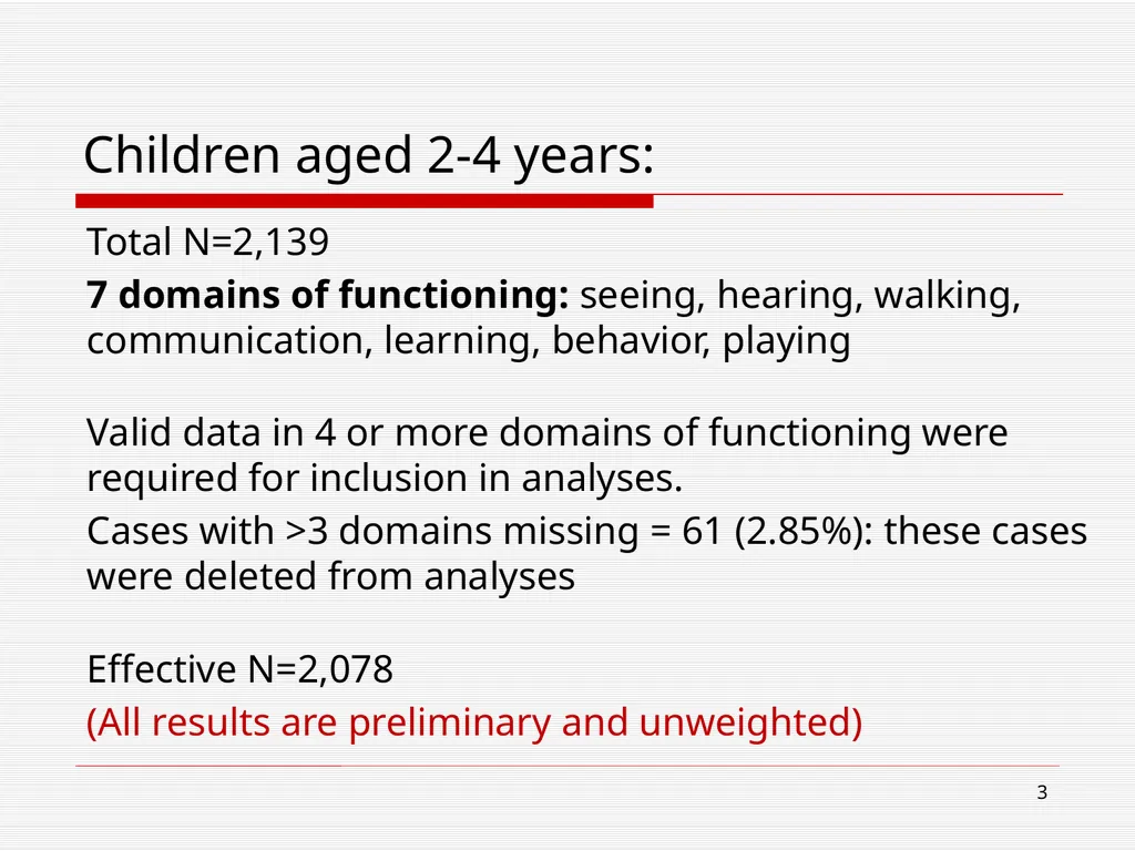 WG/UNICEF Child functioning module: Preliminary - slide 3 of 19