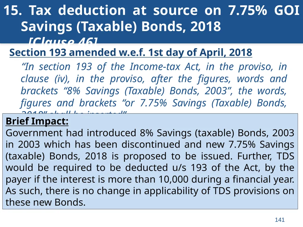 An overview of Finance Bill, 2018 – Direct Taxes - slide 141 of 161