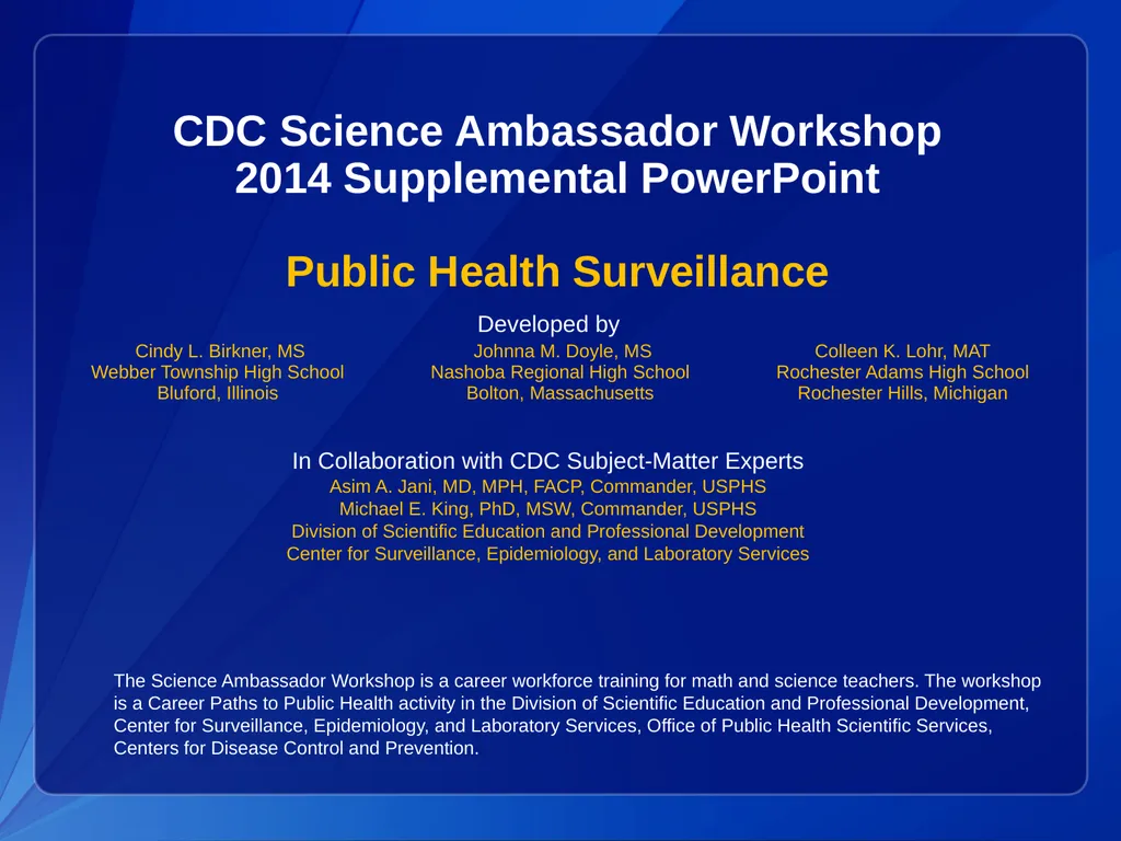 CDC Science Ambassador Workshop 2014 Supplemental - slide 1 of 19