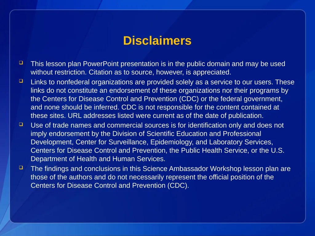 CDC Science Ambassador Workshop 2014 Supplemental - slide 2 of 19