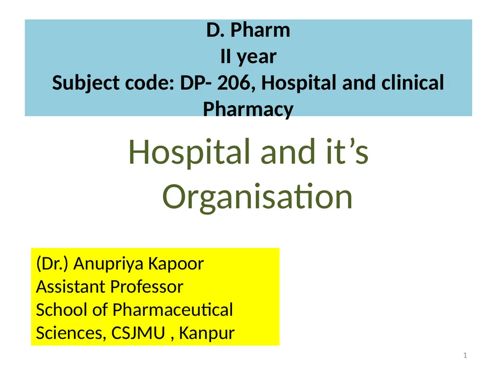D. Pharm II year Subject code: DP- 206, Hospital