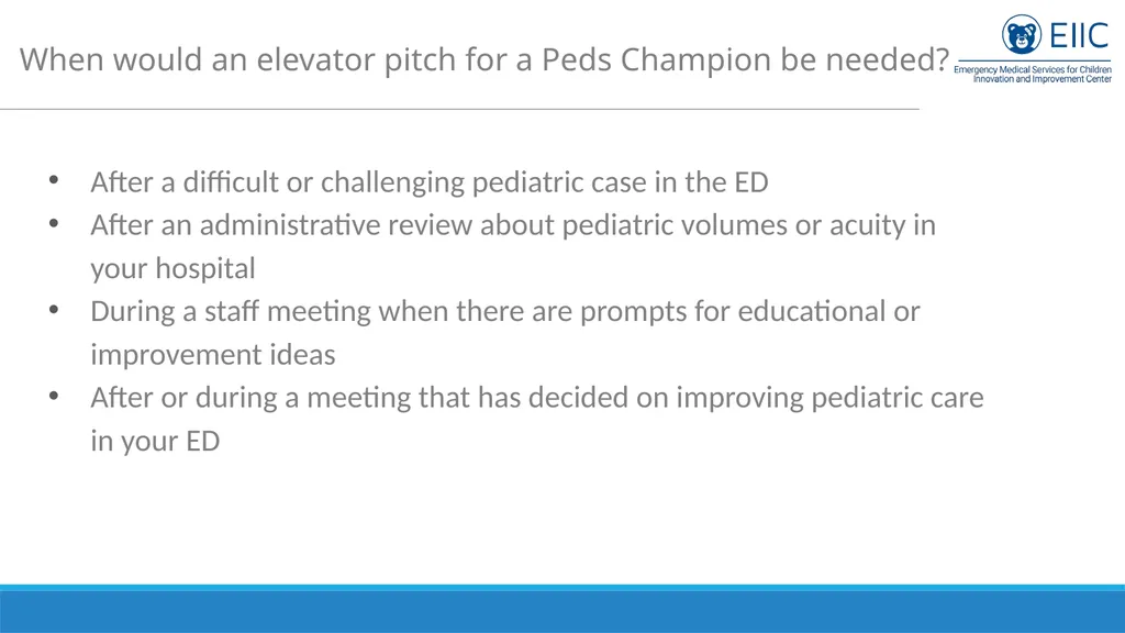 Sample Elevator Pitch for Pediatric Champions - slide 3 of 5