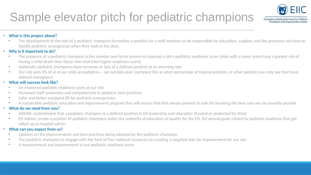 Sample Elevator Pitch for Pediatric Champions - slide 5 of 5