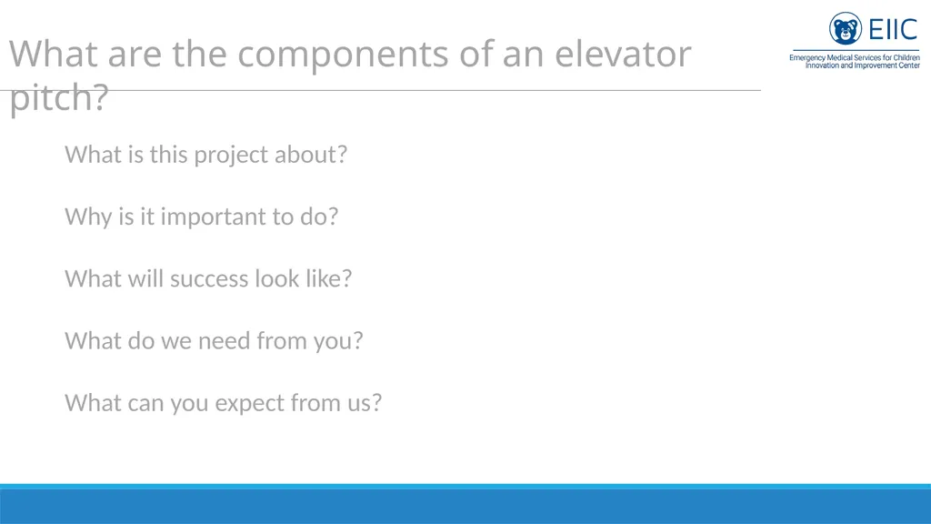 Sample Elevator Pitch for Pediatric Champions - slide 4 of 5