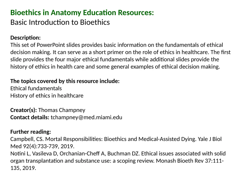 Bioethics in Anatomy Education Resources: Basic