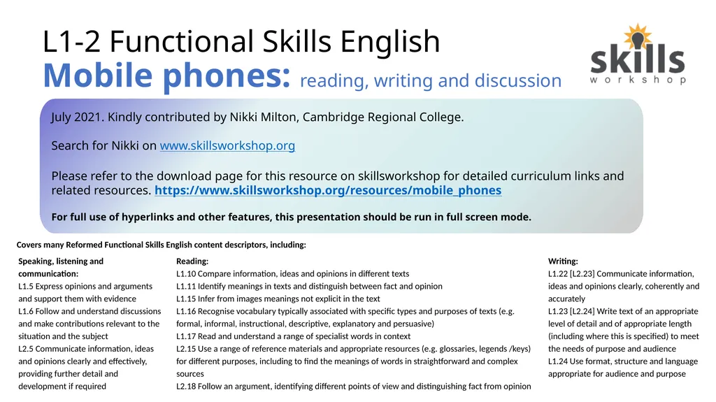 L1-2 Functional Skills English Mobile phones: