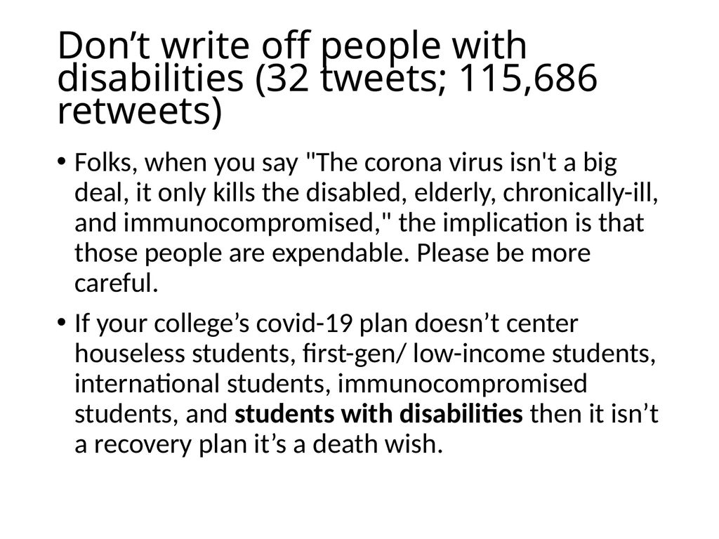 Retweeting COVID-19 disability issues: Risks, - slide 8 of 18