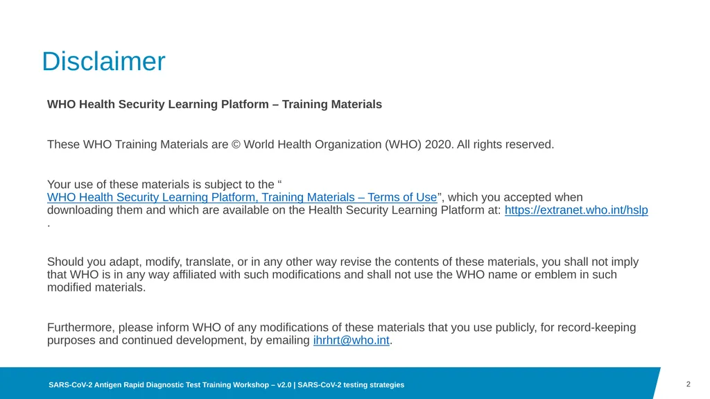 03 SARS-CoV-2 testing strategies Disclaimer WHO - slide 2 of 15