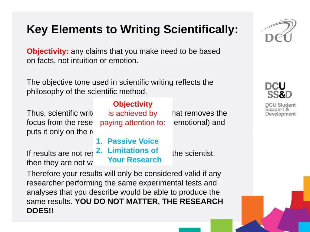 Scientific Writing DCU Student Learning Key - slide 19 of 39