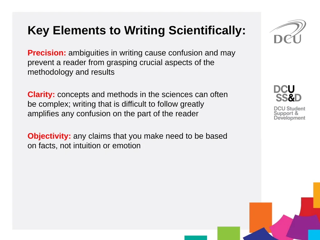 Scientific Writing DCU Student Learning Key - slide 8 of 39