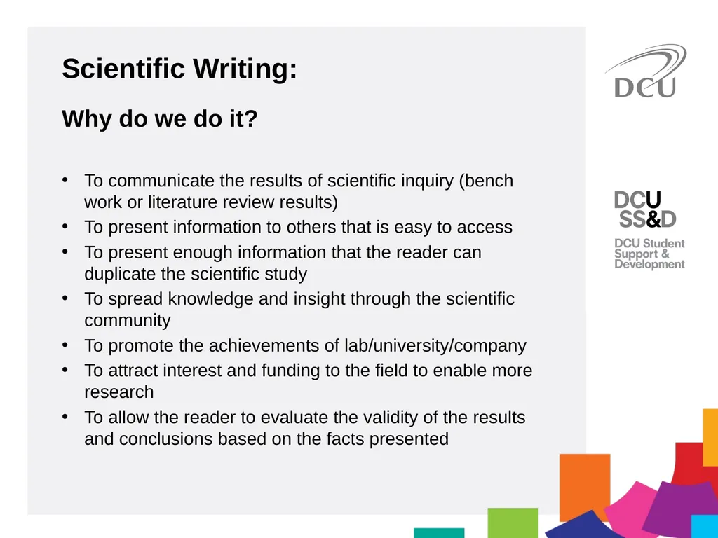 Scientific Writing DCU Student Learning Key - slide 6 of 39