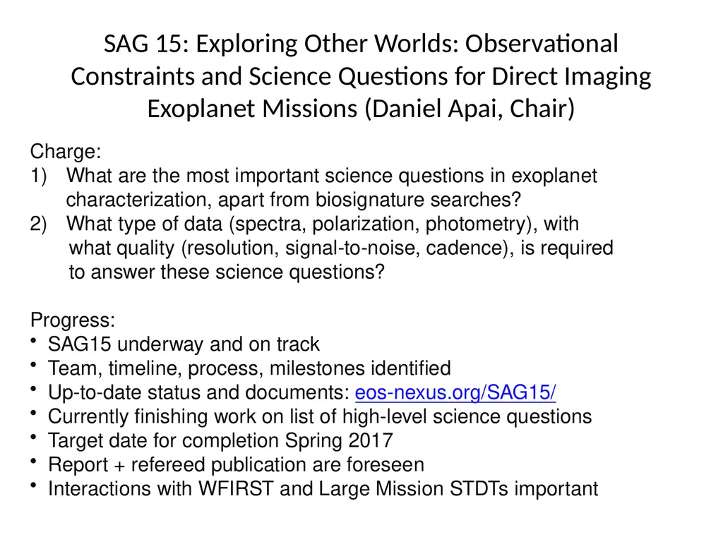 Exoplanet Program Analysis Group (ExoPAG) Report - slide 15 of 19