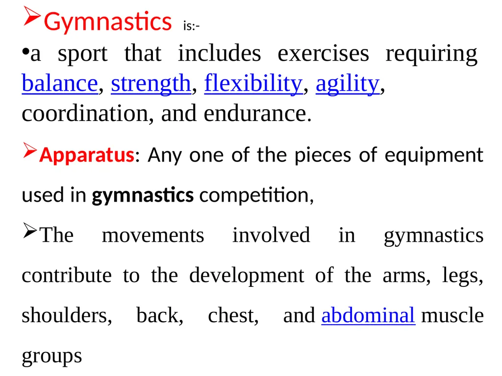 Gymnastics is:- a sport that includes exercises